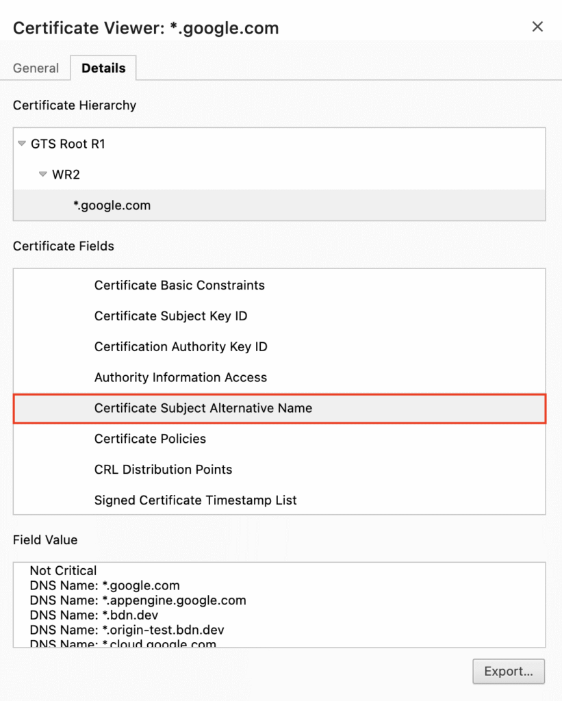 Janela de visualização de certificado no Google Chrome com o campo Nome Alternativo do Assunto do Certificado destacado.
