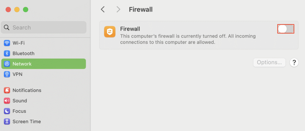 Configuração do firewall na seção de rede do macOS.