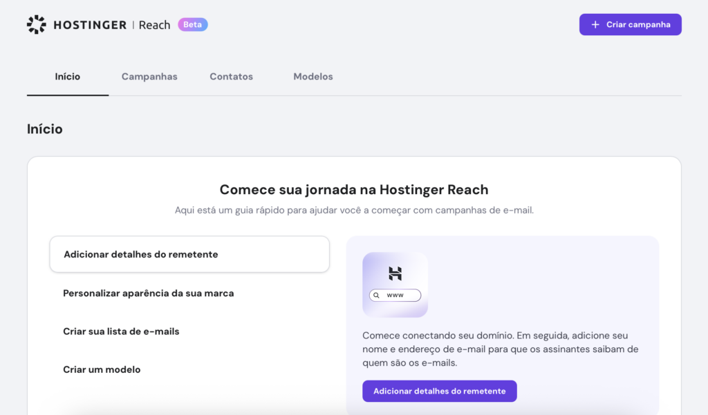 tela inicial do hostinger reach
