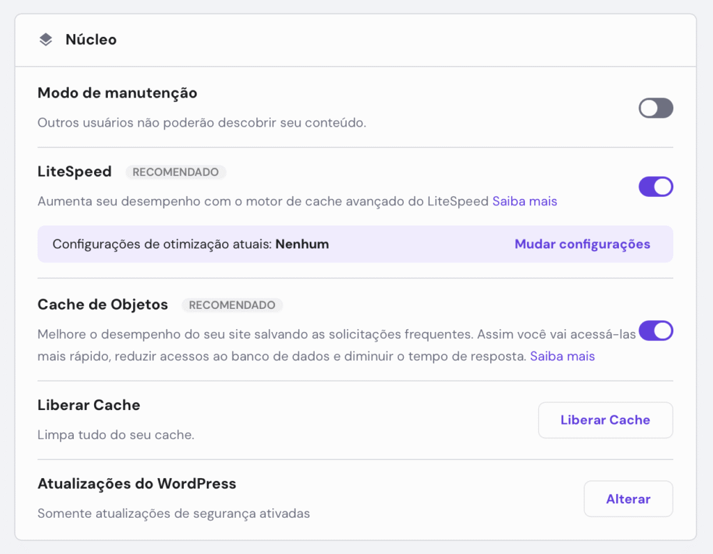 opção de liberar cache de site wordpress no hpanel