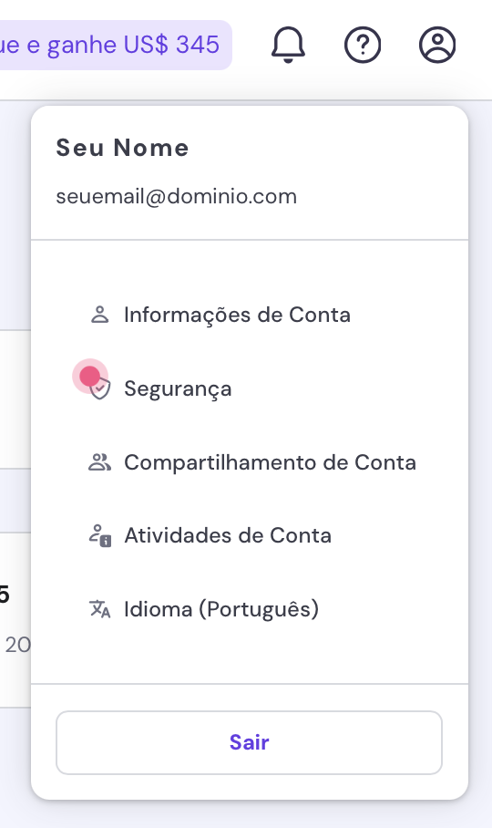 opções de conta no hpanel