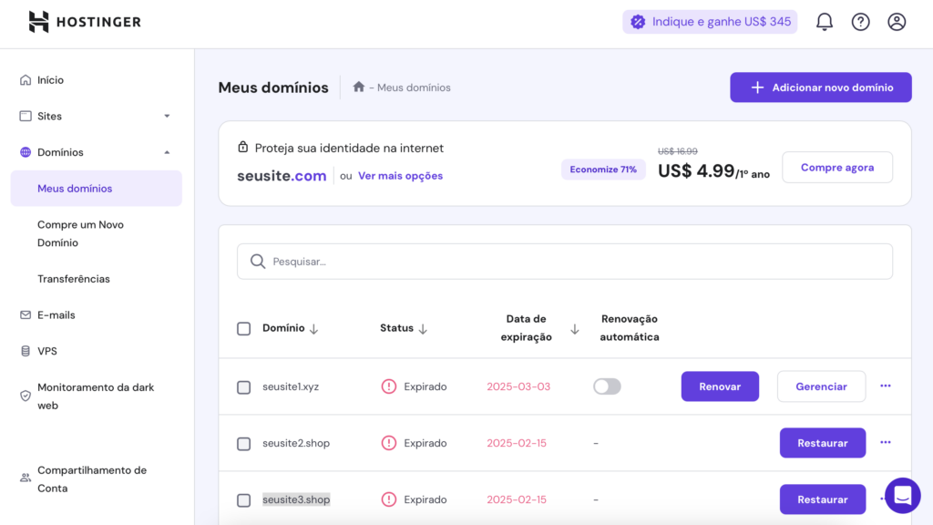 lista de meus domínios no hpanel