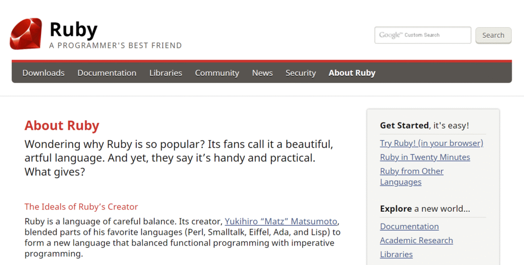 página oficial da linguagem ruby