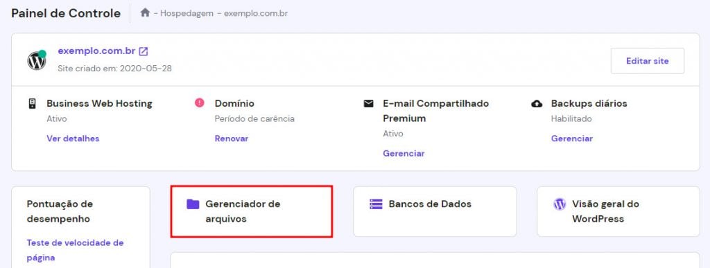 hpanel da hostinger com ícone do gerenciador de arquivos em destaque