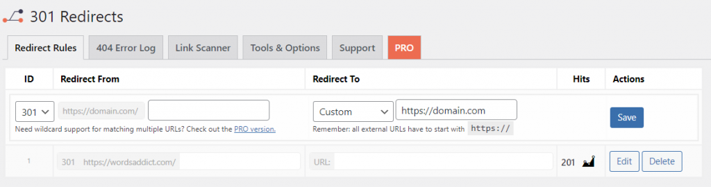 tela de regras de redirecionamento no plugin 301 redirects