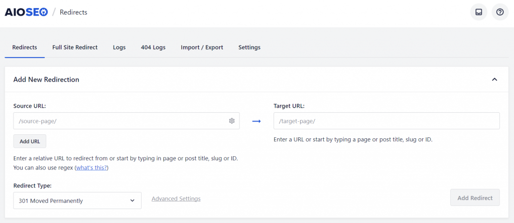 tela de redirecionamentos no aioseo