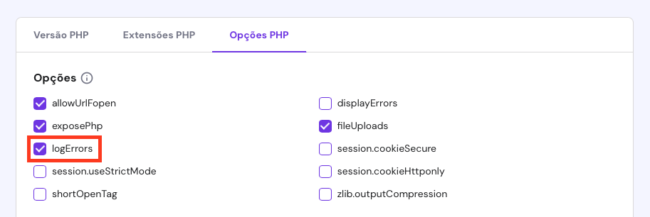 ativando a opção logerrors no hpanel