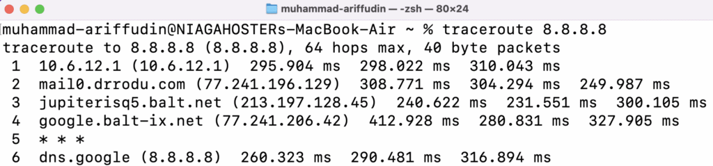 Janela do Terminal no macOS mostrando o resultado do comando traceroute.