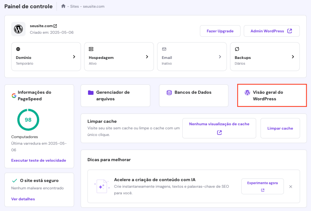 botão visão geral do wordpress no hpanel