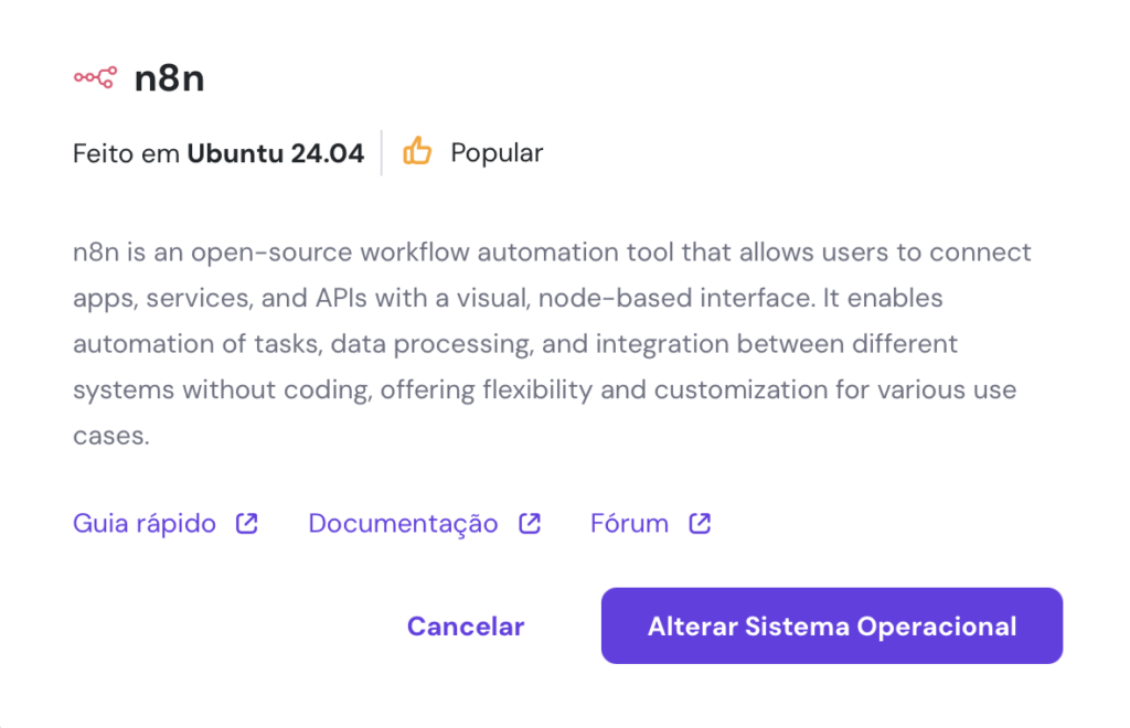 alterar sistema operacional para n8n na tela de mudar SO do hpanel