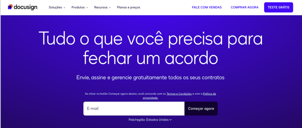 página inicial do docusign