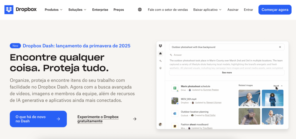 página inicial do dropbox