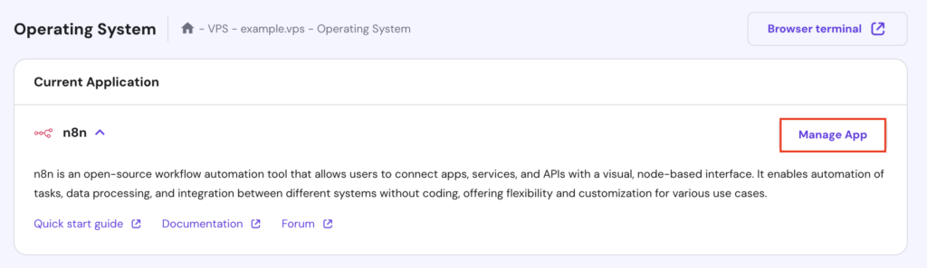 "gerenciar aplicativo" no hpanel do seu vps