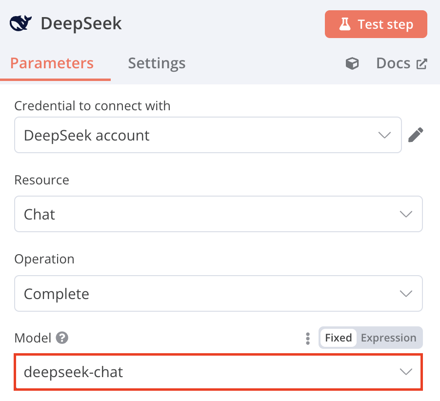 modelo deepseek-chat selecionado nos parâmetros do n8n