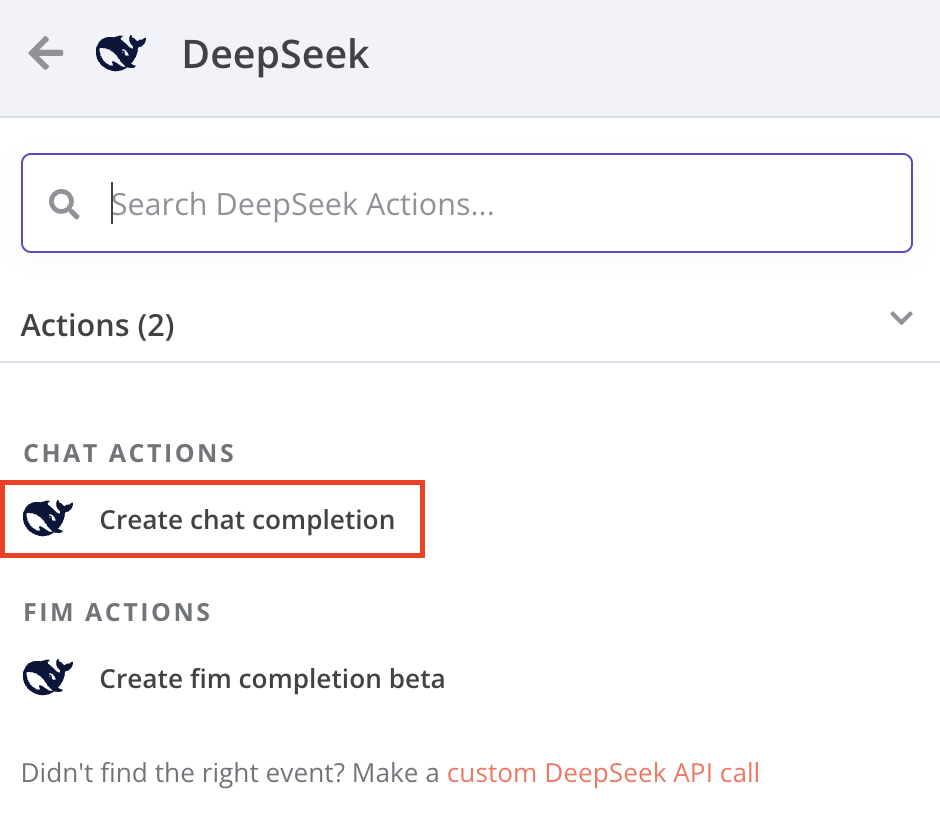 opção create chat completion no editor do n8n para deep seek