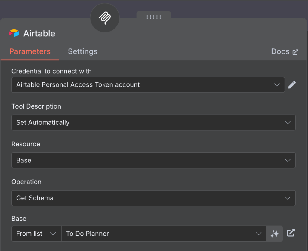 página de configuração do nó airtable