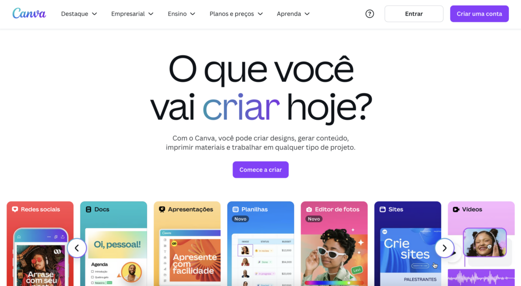 página inicial do canva