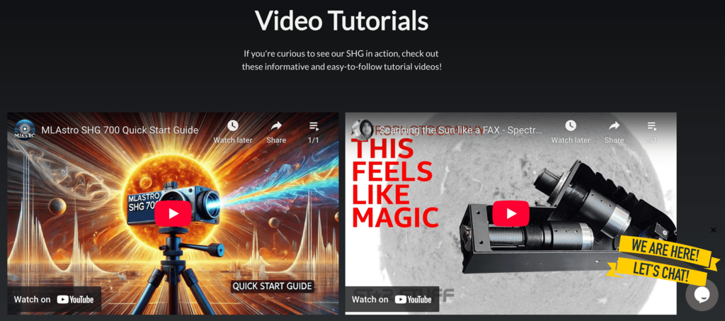 Página inicial do MLAstro mostrando tutoriais em vídeo