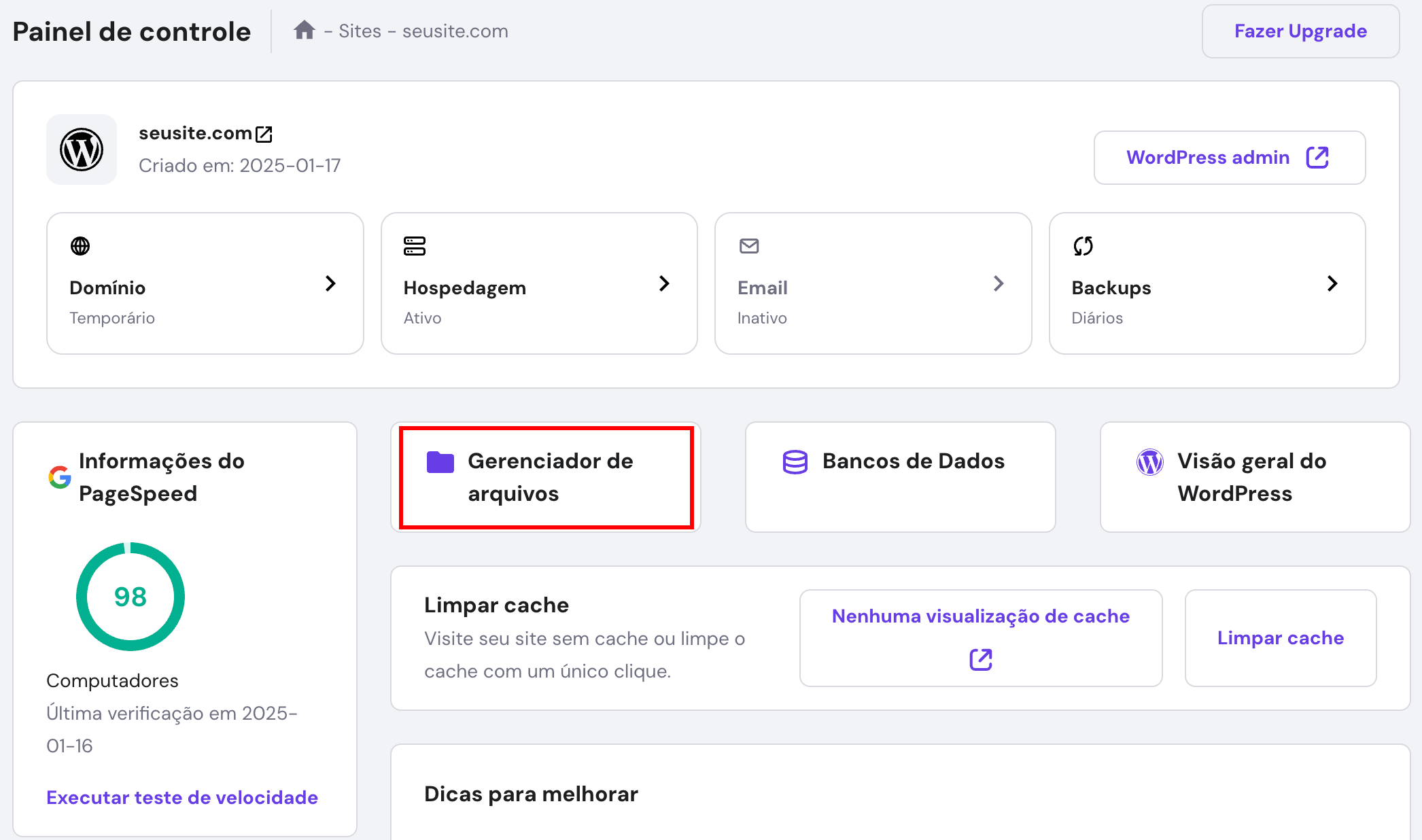 Gerenciador de arquivos em destaque no hPanel