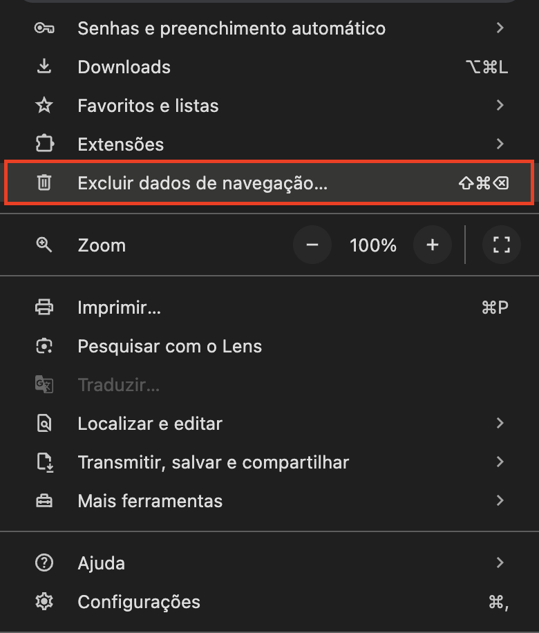 Janela para deletar dados de navegação do Chrome