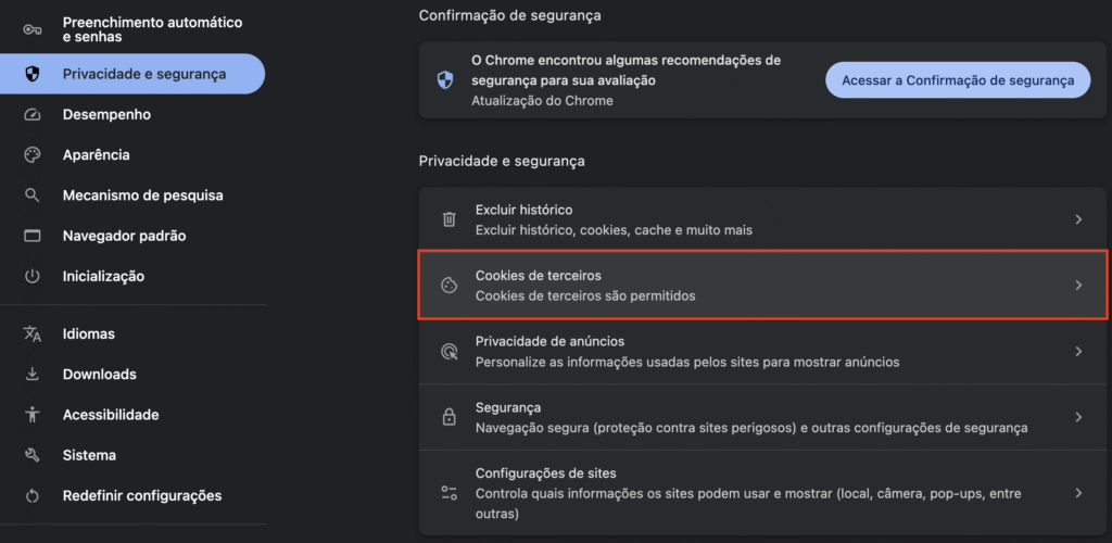 Cookies e outras opções do site do Google Chrome
