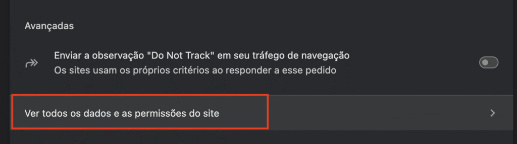 Opção dos Cookies para ver todos os dados e cookies