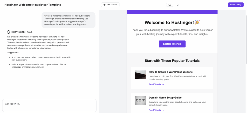 hostinger reach criando campanha de email marketing