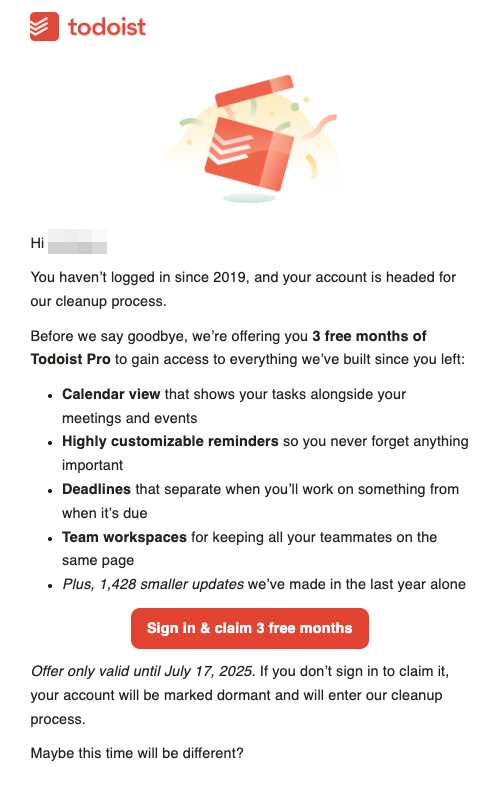 exemplo de campanha de email marketing do todoist