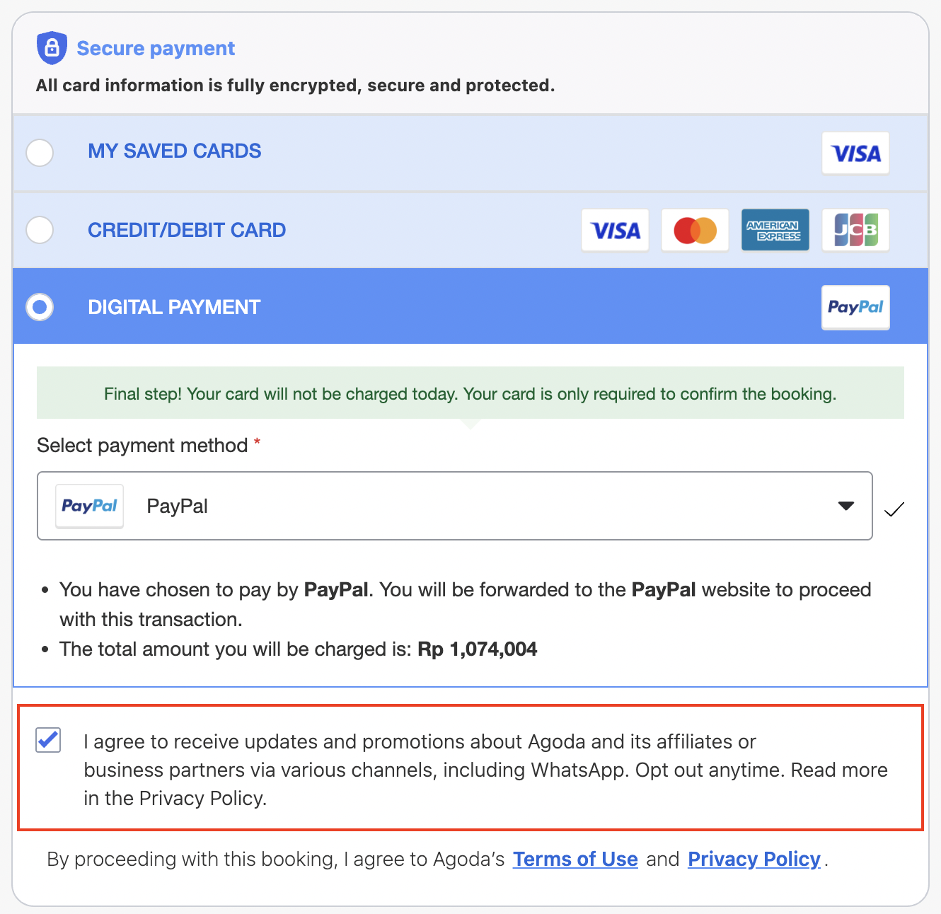 opção de inscrição por email na tela de pagamento da agoda
