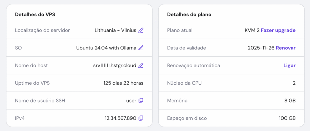 Captura de tela do hPanel da Hostinger mostrando detalhes do VPS, incluindo o endereço IP.