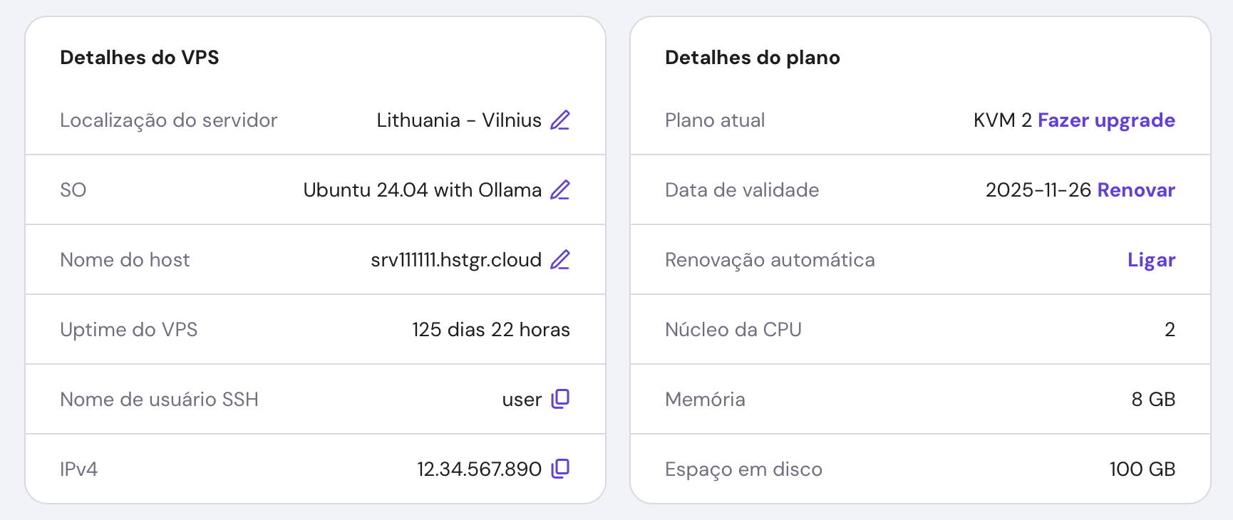 Captura de tela do hPanel da Hostinger mostrando detalhes do VPS, incluindo o endereço IP.