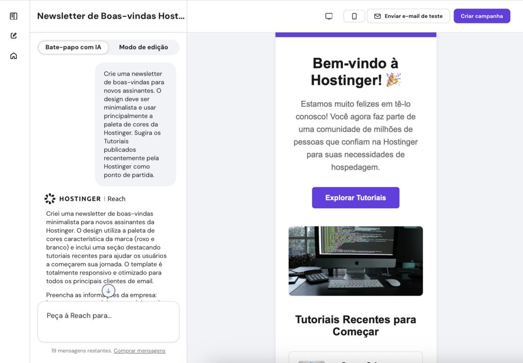hostinger reach criando newsletter de boas-vindas por email