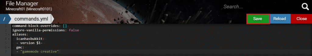 Exemplo de configuração de aliases no arquivo commands.yml de um servidor Minecraft.