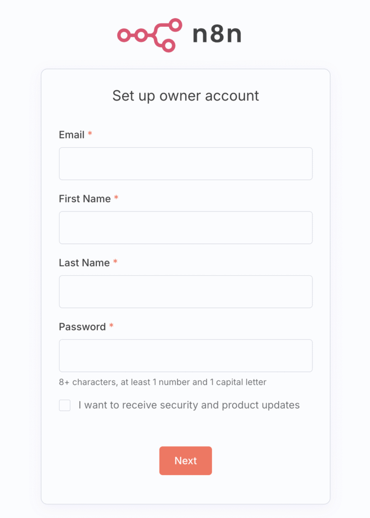 Página de registro da conta de proprietário do n8n, onde o usuário pode criar uma nova conta.