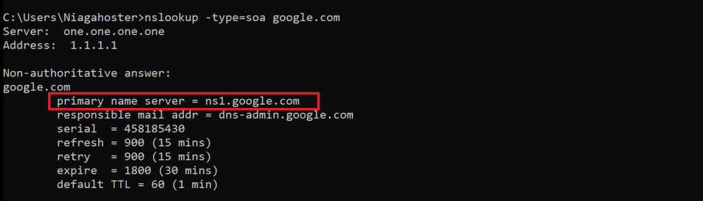 Comando nslookup consultando o tipo de registro SOA de um domínio.