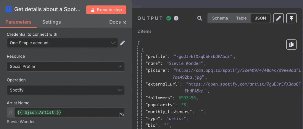 Exemplo de saída do OneSimpleAI, demonstrando como buscar dados usando a API do Spotify no n8n.