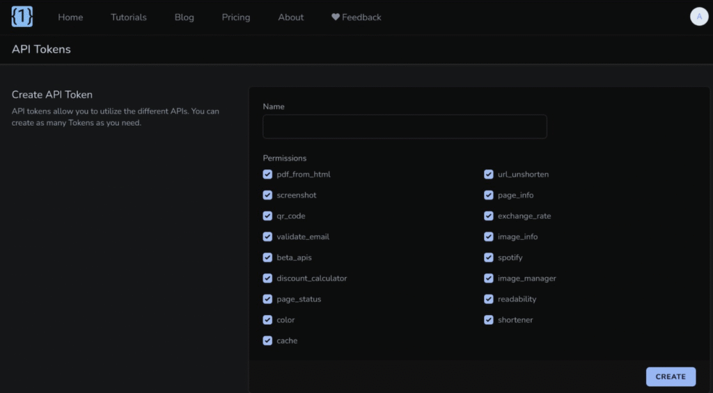 Menu de configuração de token do OneSimpleAPI, onde o usuário cria e gerencia seus tokens de autenticação.