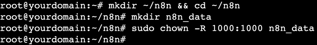Comando no terminal criando diretórios e ajustando a propriedade de dados no Docker.
