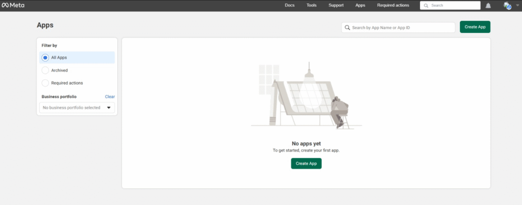 Tela de boas-vindas do portal de desenvolvedores da Meta