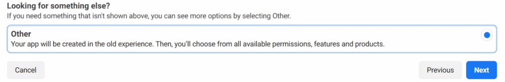 Opção "Outro" para o caso de uso do aplicativo Meta