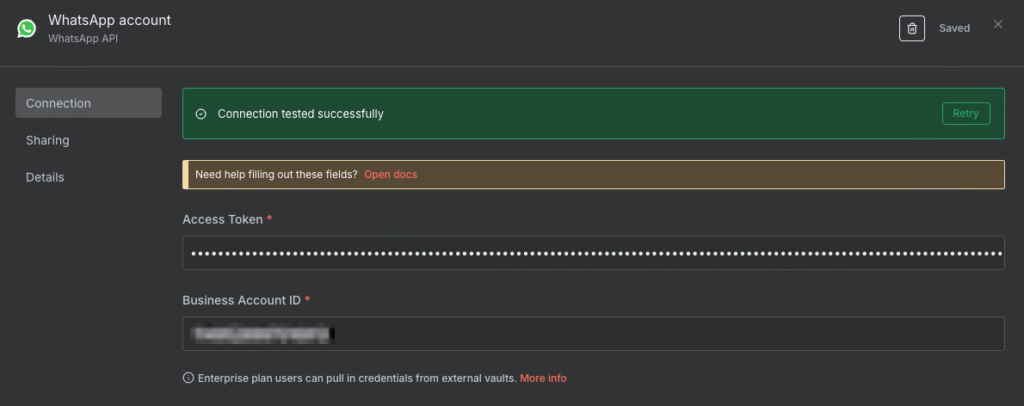 Janela de criação de credenciais do WhatsApp API com mensagem confirmando integração bem-sucedida