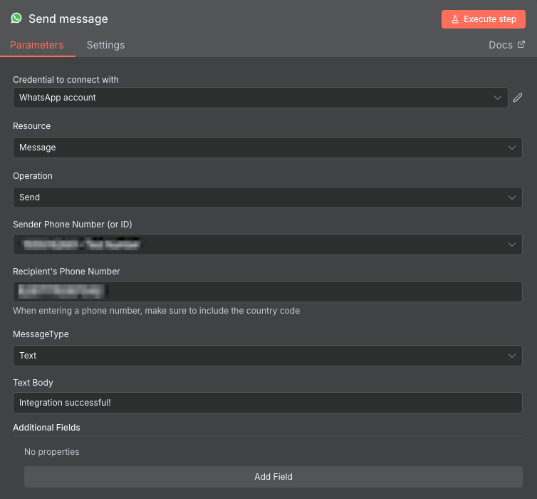 Janela de configuração do nó de ação "WhatsApp Send Message"