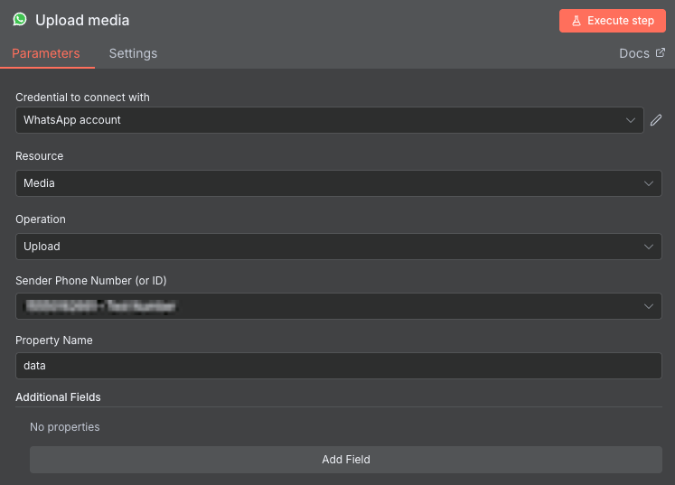 Janela de configuração do nó WhatsApp Upload Media