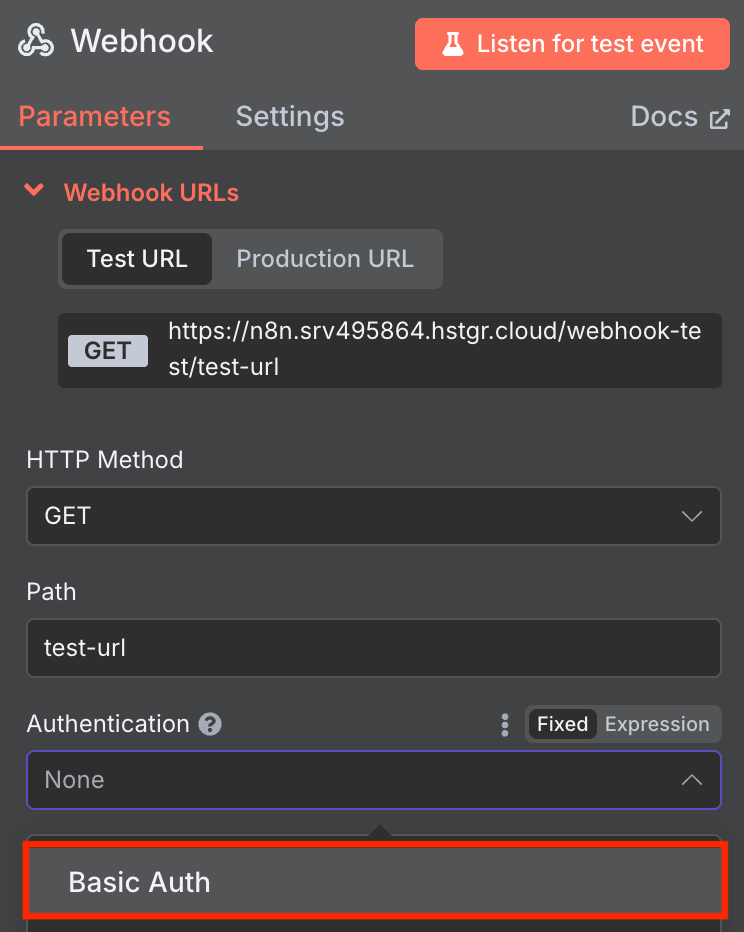 Configuração do método de autenticação no nó Webhook do n8n, com opções para proteger a URL do webhook.