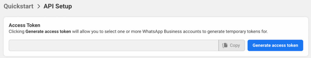 Menu de geração de token de acesso do WhatsApp Business