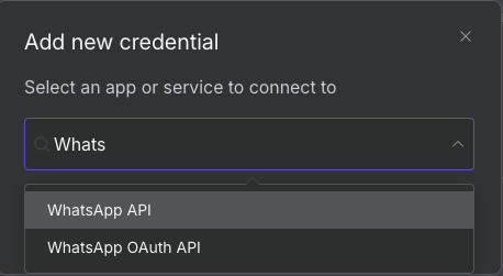 Opções de credenciais do WhatsApp na janela de criação de credenciais do n8n