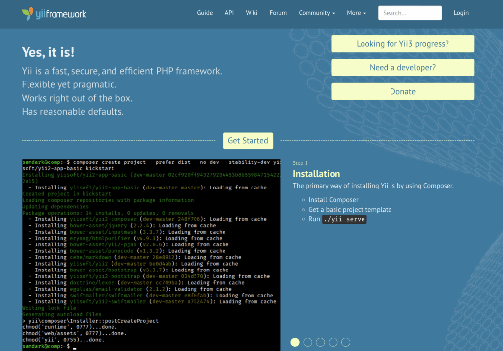 Página inicial oficial do Yii