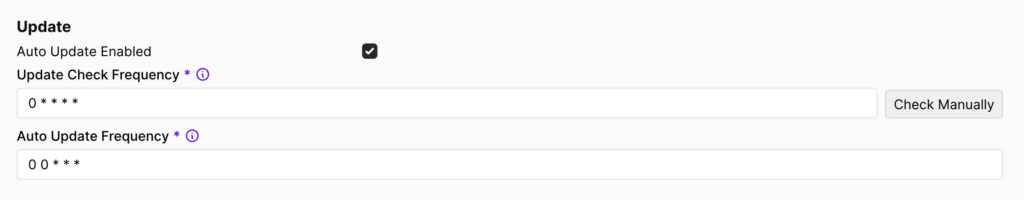 A seção Atualizar na página de Configurações do Coolify