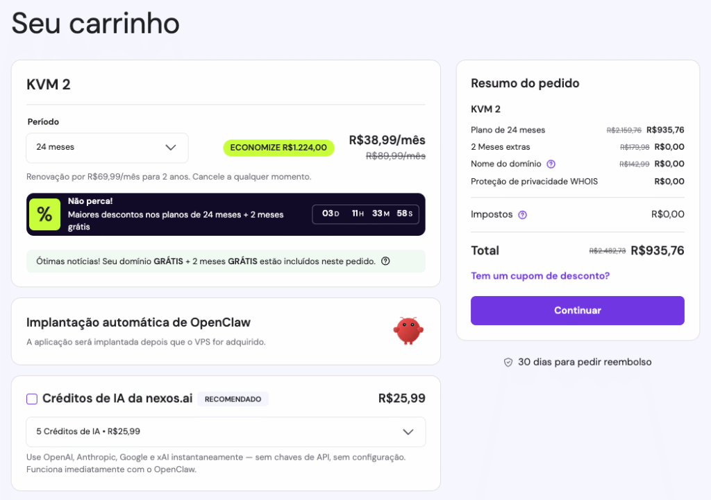 Janela de compra do OpenClaw na Hostinger com o complemento de créditos Nexos AI selecionado