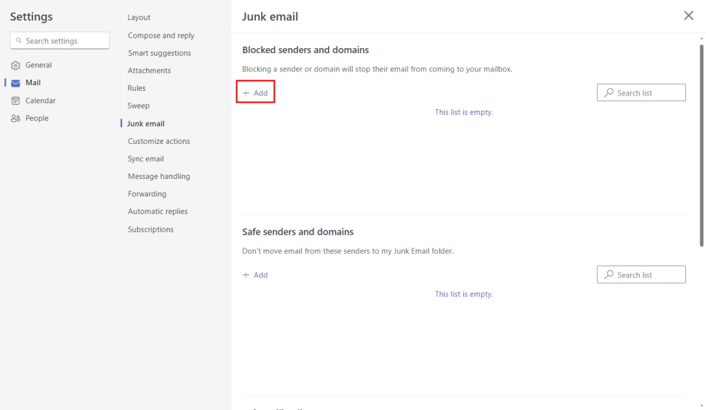 Configurações de e-mail no Outlook, com destaque para a opção de adicionar um remetente ou domínio à lista de bloqueio.